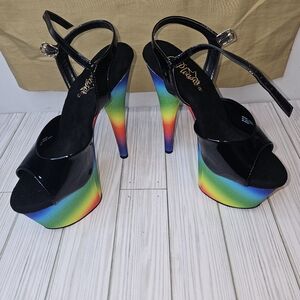 Pleaser Adore 7" Ankle Strap Black Pat/Rainbow Glitter Heels Size 8